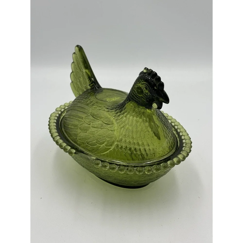 Vintage Indiana Olive Green Glass Hen on Nest Dish w/ Lid Oval Beaded Base
